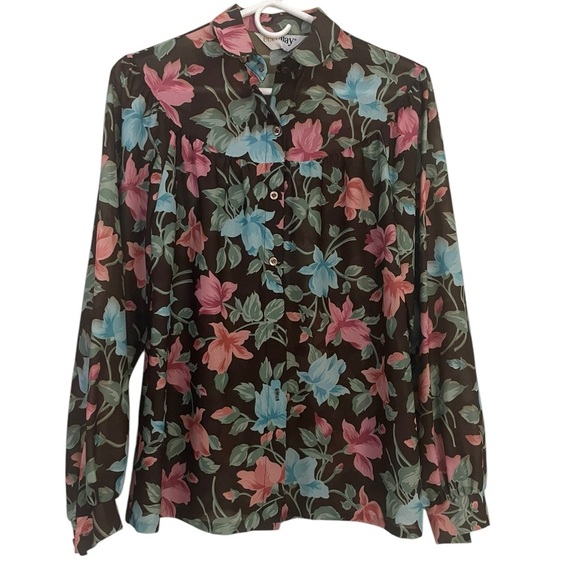 Beautiful‎ Vintage Floral Mesh Button Down Top Size Medium Ecco Bay 80’s - Picture 1 of 5